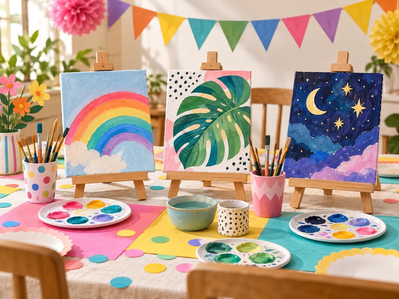 Illustrated birthday painting table with three easels, different finished canvases and paint palettes
