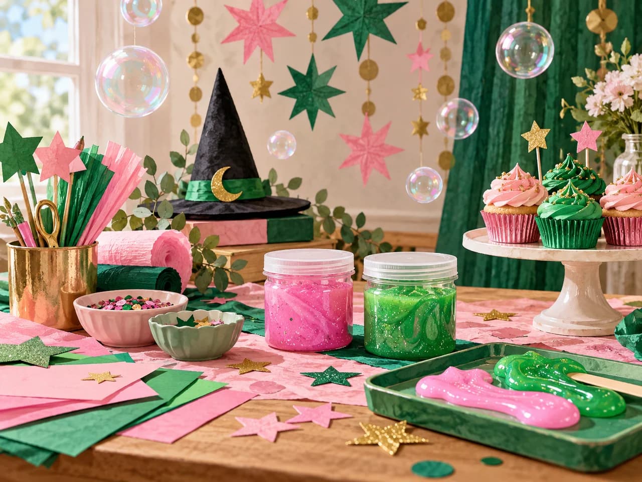 Illustrated Wicked-inspired pink and green birthday table with stars, a witch hat and slime pots