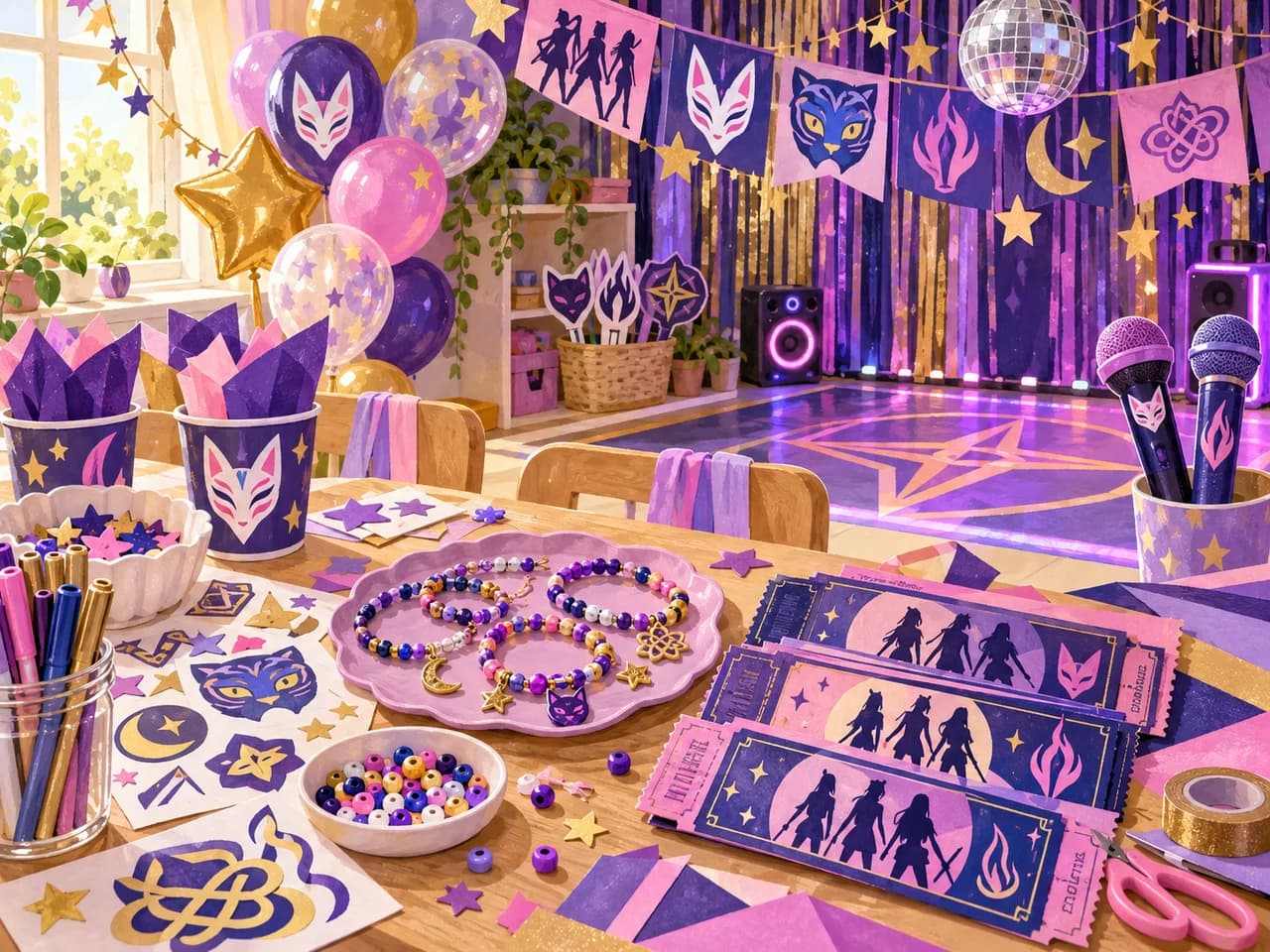 Illustrated K-pop birthday craft table with purple and gold decorations, bracelets and microphones