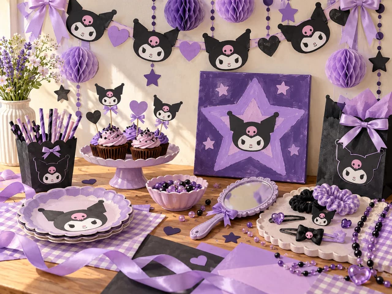 Illustrated Kuromi-inspired party table with lilac decorations, hair accessories and a star painting