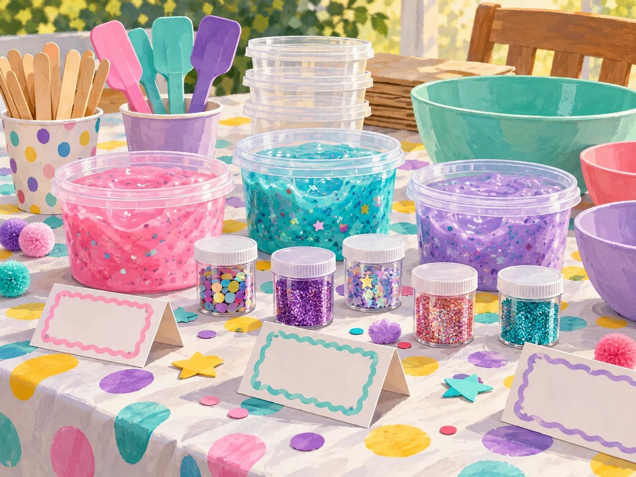 Illustrated slime birthday workstation with colourful slime tubs, mixing tools and a protected table