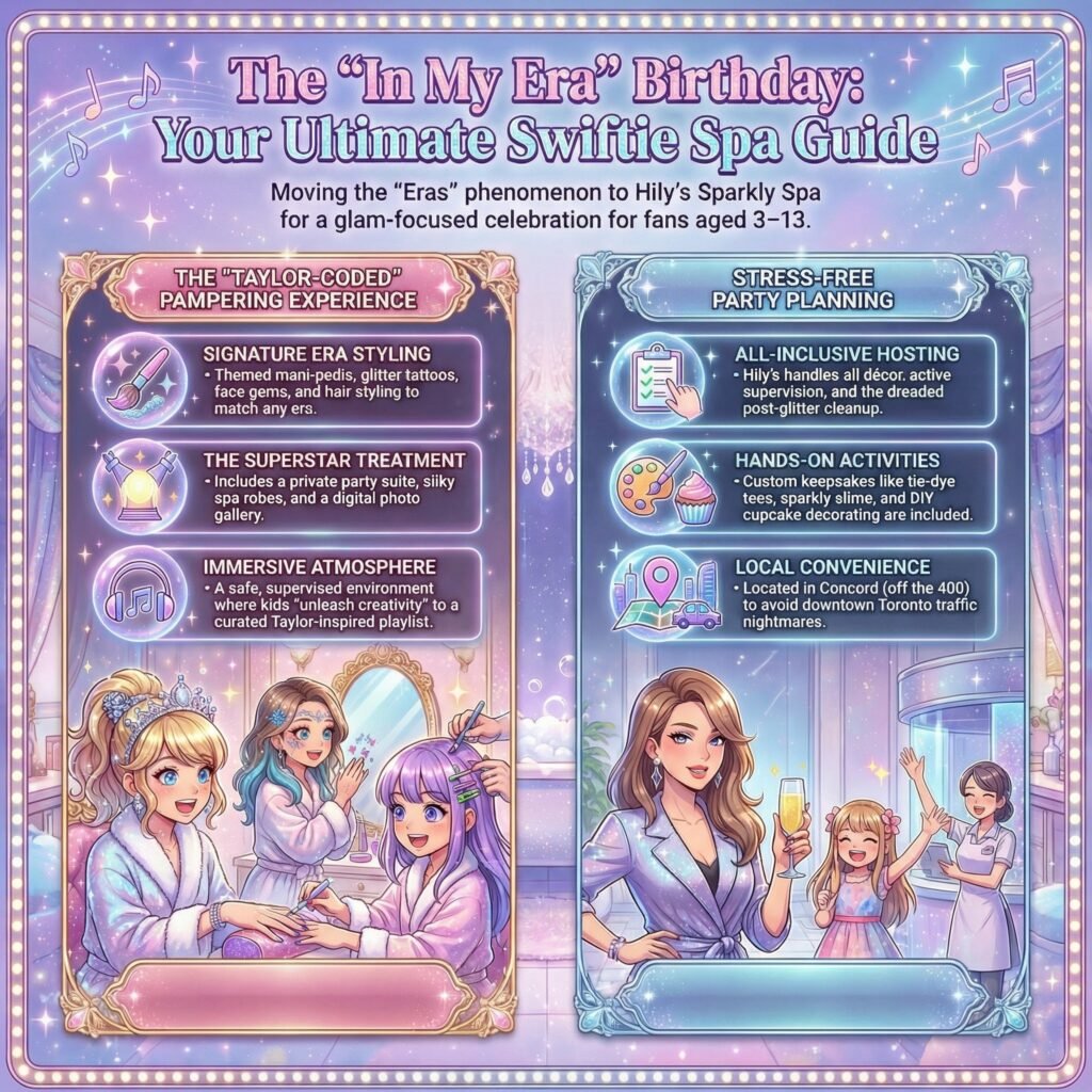 Taylor Swift themed birthday party infographic - Swiftie Spa Party